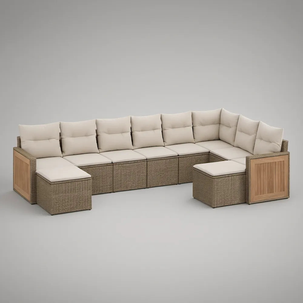Modułowy zestaw wypoczynkowy z pufą z technorattanu PE i drewna akacjowego Taupe/Beżowy/Naturalny brąz, 360 × 240 × 85 cm