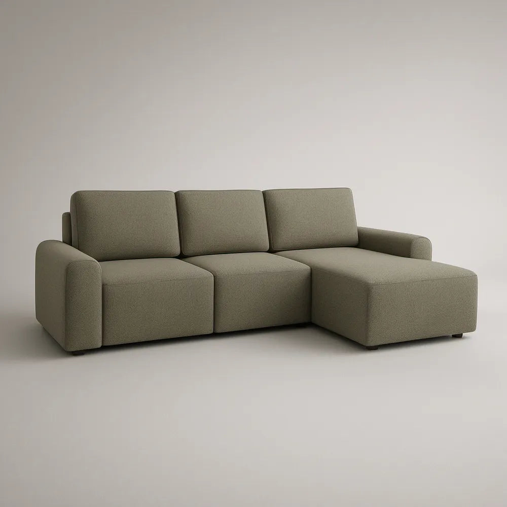 Oliwkowa sofa narożna 3-osobowa z prawostronnym szezlongiem 230 x 150 x 86 cm