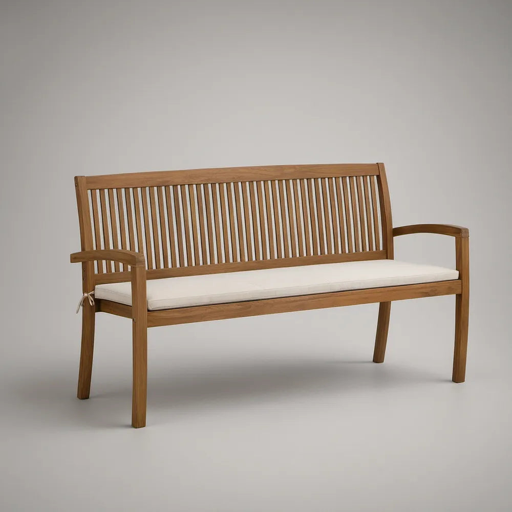 3-osobowa ławka z litego drewna akacjowego 150 x 65 x 90 cm brązowa z białą poduszką