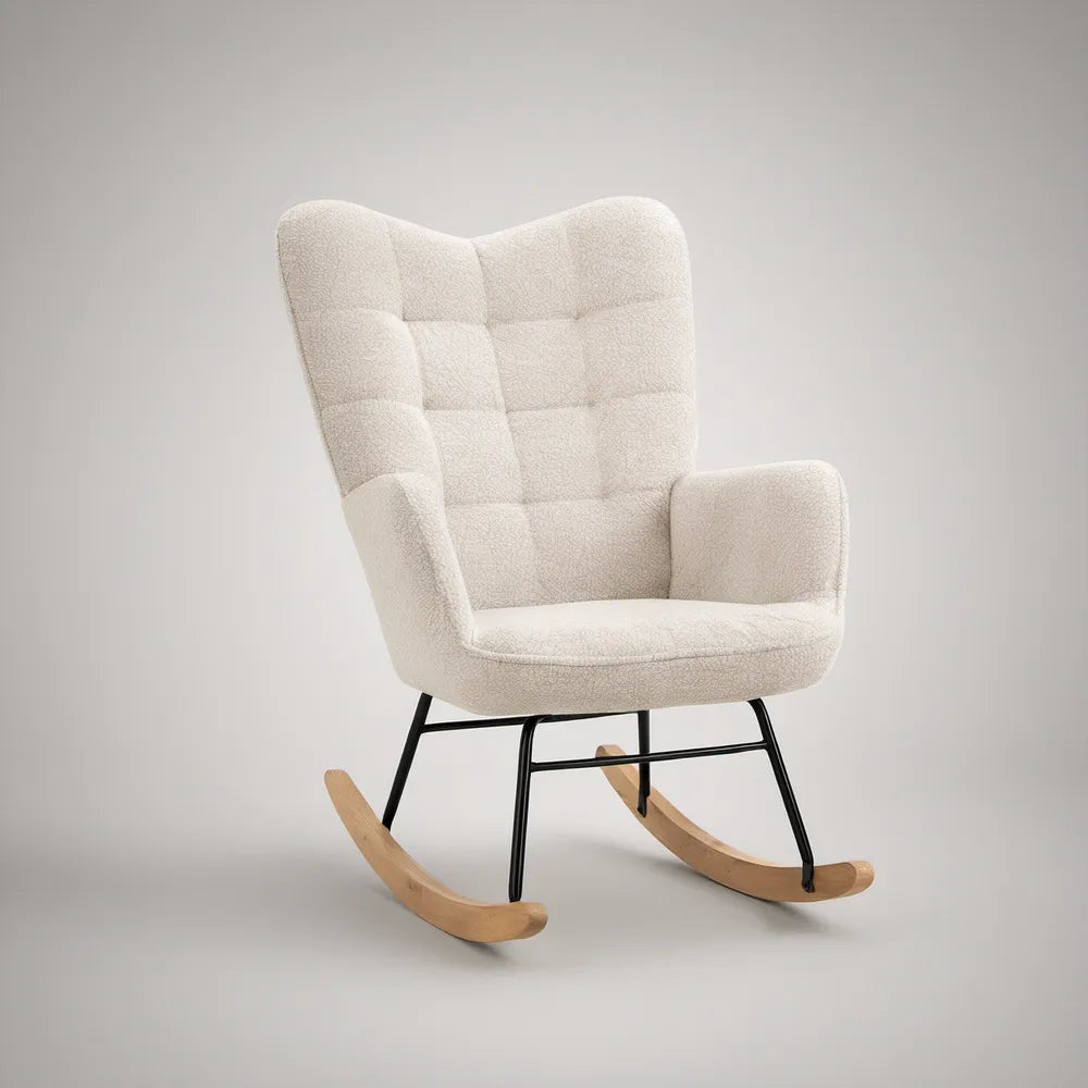 Kremowy fotel bujany uszak z tkaniny bouclé 70 x 92 x 103 cm