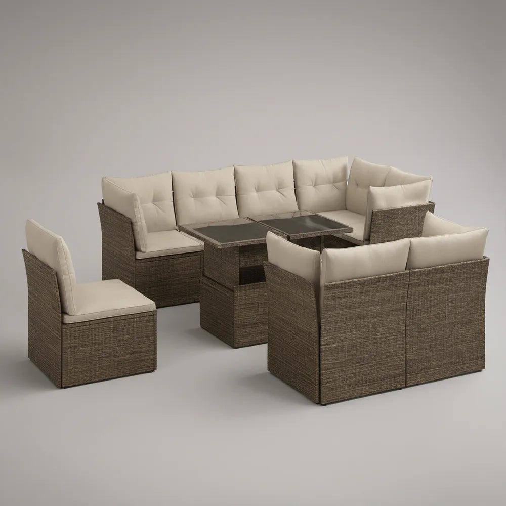 6-osobowy zestaw wypoczynkowy z technorattanu PE ze stolikiem, brązowo-beżowy, sofy 150 x 75 x 70 cm, fotele 70 x 75 x 70 cm, stolik 110 x 60 x 45 cm