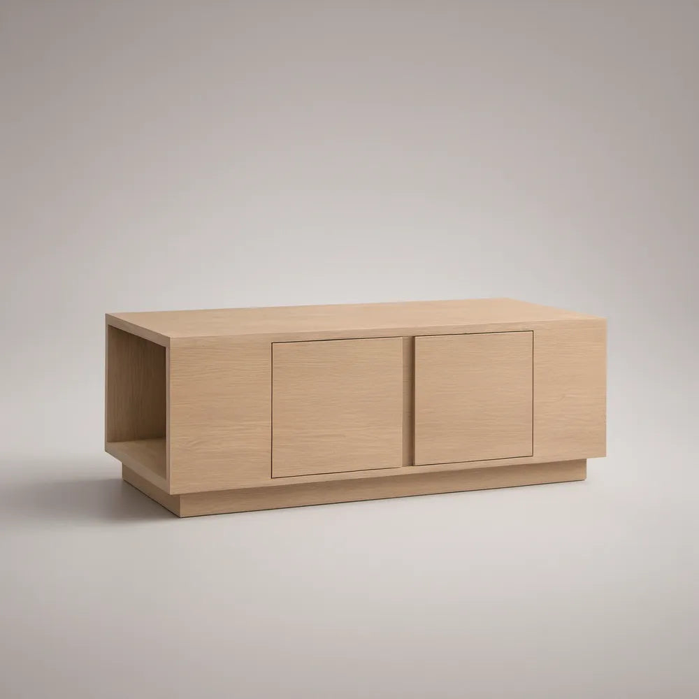 Prostokątny stolik kawowy z 2 drzwiczkami i otwartą półką, 100 × 50 × 40 cm, MDF z fornirem dębowym, dąb naturalny