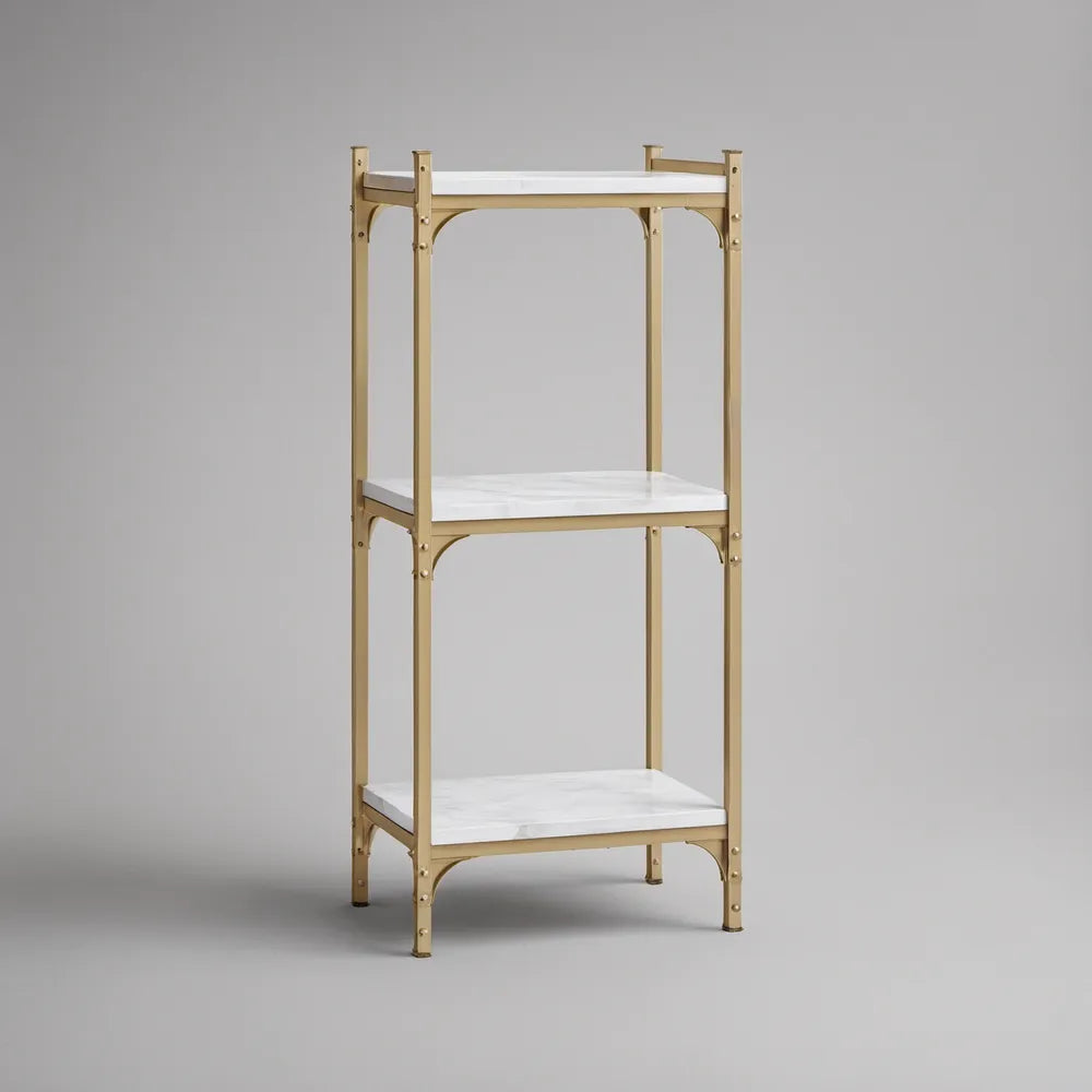 Trzypoziomowy stojak ze stali i MDF, biały marmur/złoty, 60 x 35 x 120 cm