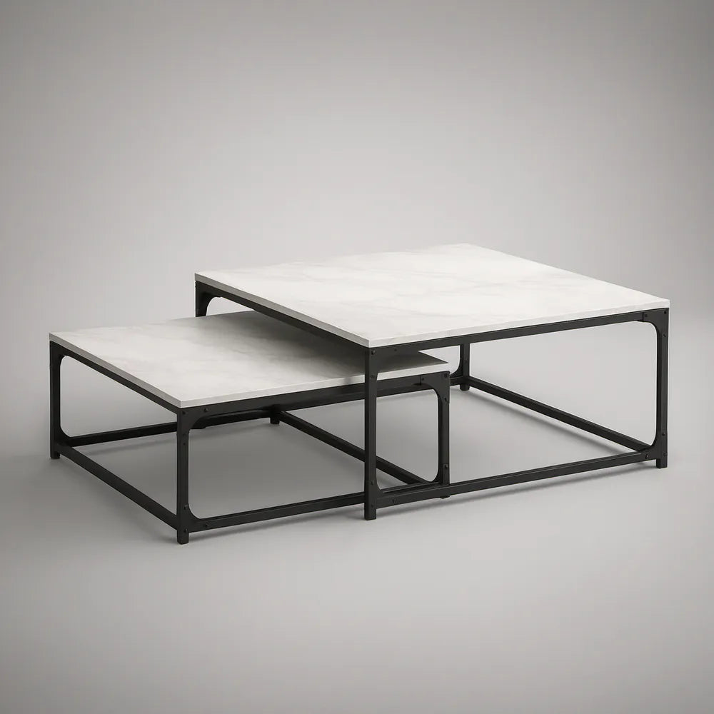 Zestaw 2 kwadratowych stolików 80 × 80 × 45 cm i 70 × 70 × 35 cm ze spieku ceramicznego i stali, biało-czarny