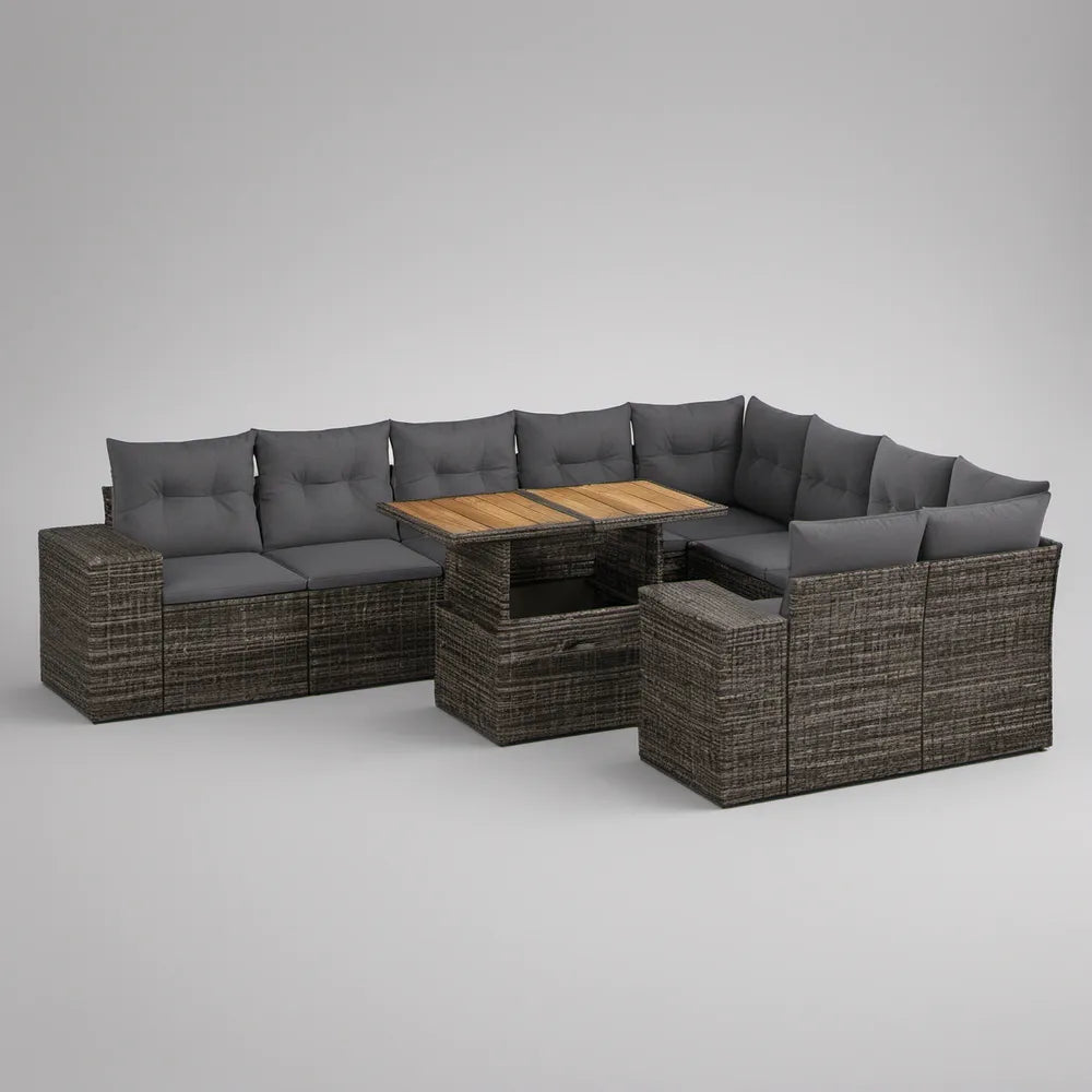 Ogrodowy komplet modułowy w kształcie U 250 × 200 × 85 cm, szaro-brązowy z ciemnoszarymi poduszkami i akacjowym blatem