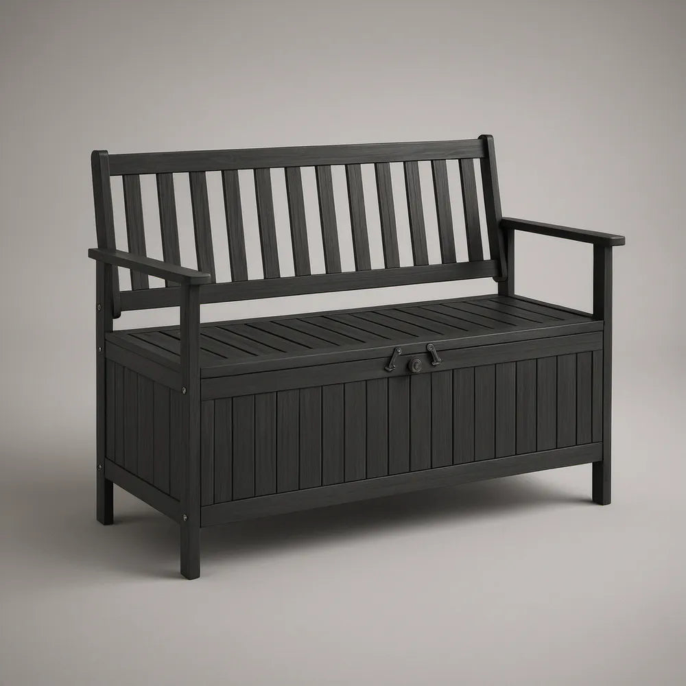Czarna ławka ogrodowa ze schowkiem 132 x 62 x 85 cm z polipropylenu