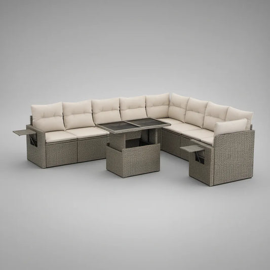 Modułowy zestaw ogrodowy w kształcie U z technorattanu PE, szarobeżowy z kremowymi poduszkami, 275 x 215 x 78 cm