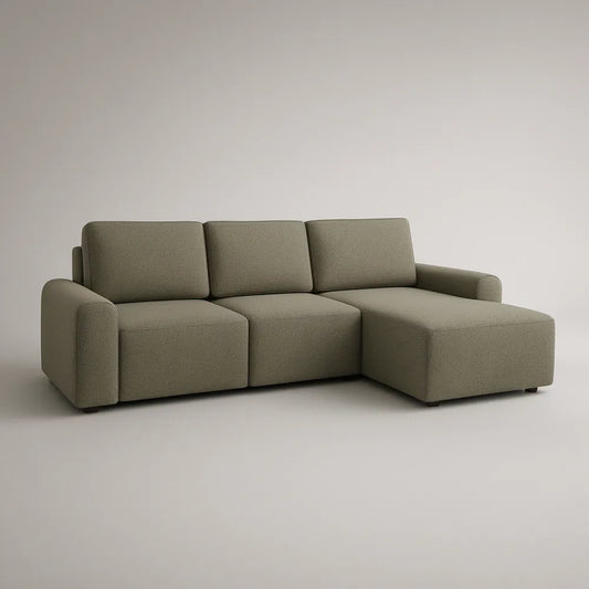 Oliwkowa sofa narożna 3-osobowa z prawostronnym szezlongiem 230 x 150 x 86 cm