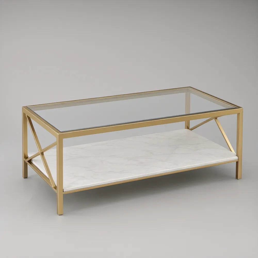 Prostokątny stolik kawowy 100 × 60 × 45 cm ze szkła hartowanego, białego marmuru i złotą ramą
