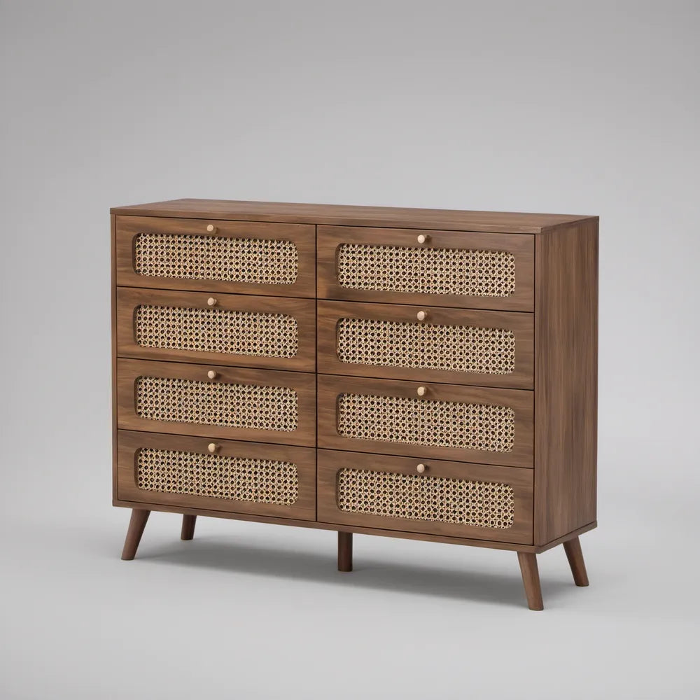 Komoda z 8 szufladami z MDF i rattanu, orzechowa, 120 x 40 x 90 cm
