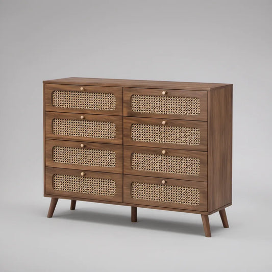 Komoda z 8 szufladami z MDF i rattanu, orzechowa, 120 x 40 x 90 cm
