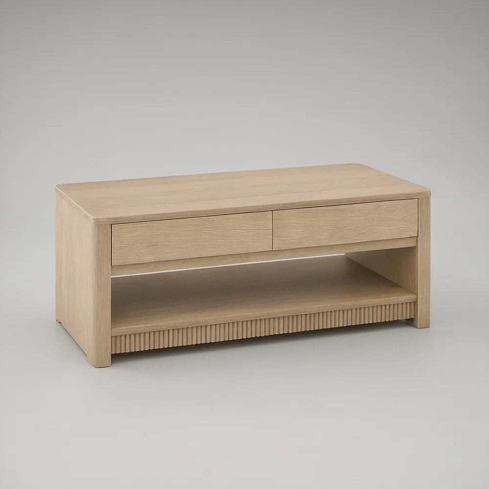 Prostokątny stolik kawowy z 2 szufladami i półką, 120 x 60 x 45 cm, MDF z fornirem dębowym, jasny dąb