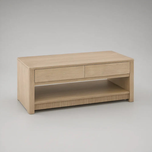 Prostokątny stolik kawowy z 2 szufladami i półką, 120 x 60 x 45 cm, MDF z fornirem dębowym, jasny dąb