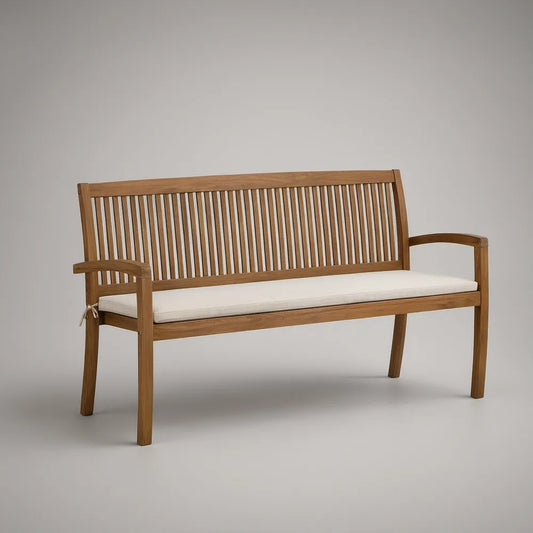3-osobowa ławka z litego drewna akacjowego 150 x 65 x 90 cm brązowa z białą poduszką