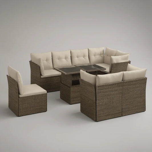 6-osobowy zestaw wypoczynkowy z technorattanu PE ze stolikiem, brązowo-beżowy, sofy 150 x 75 x 70 cm, fotele 70 x 75 x 70 cm, stolik 110 x 60 x 45 cm