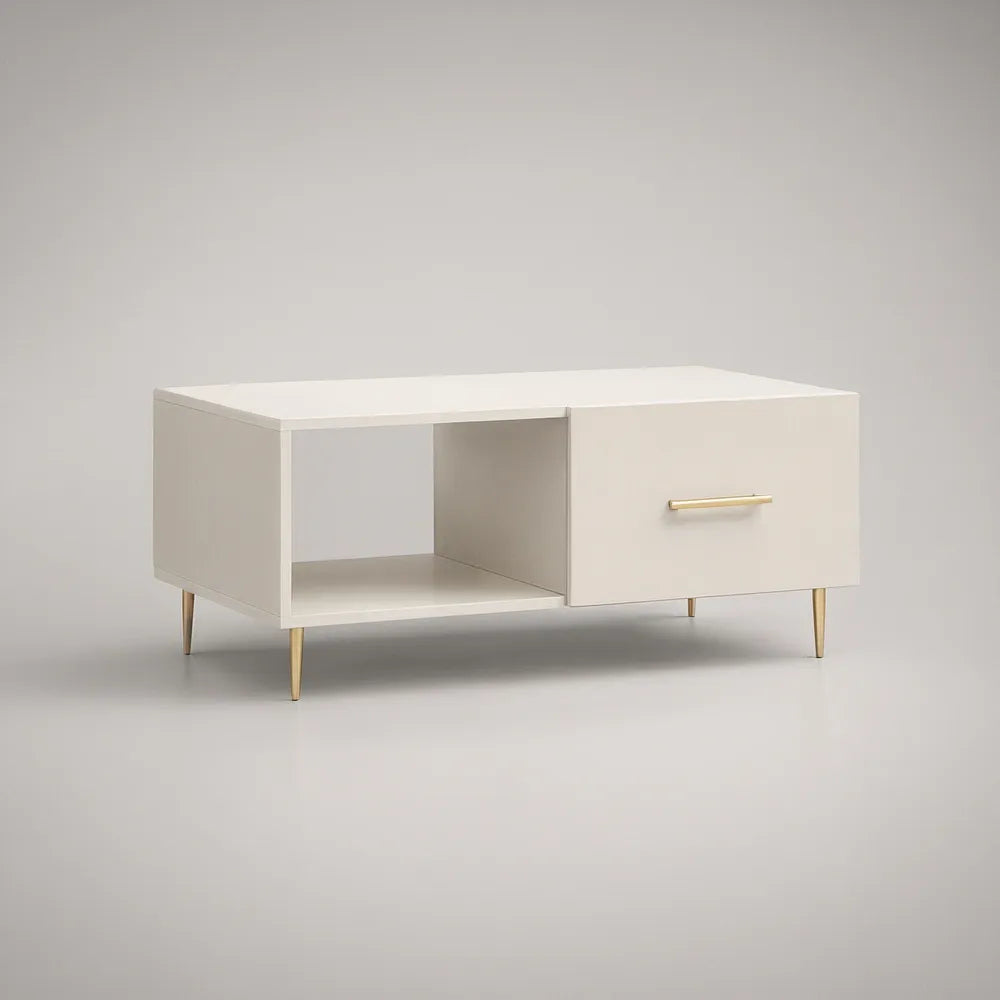 Prostokątny stolik kawowy z szafką MDF biały i złoty 100 x 50 x 45 cm