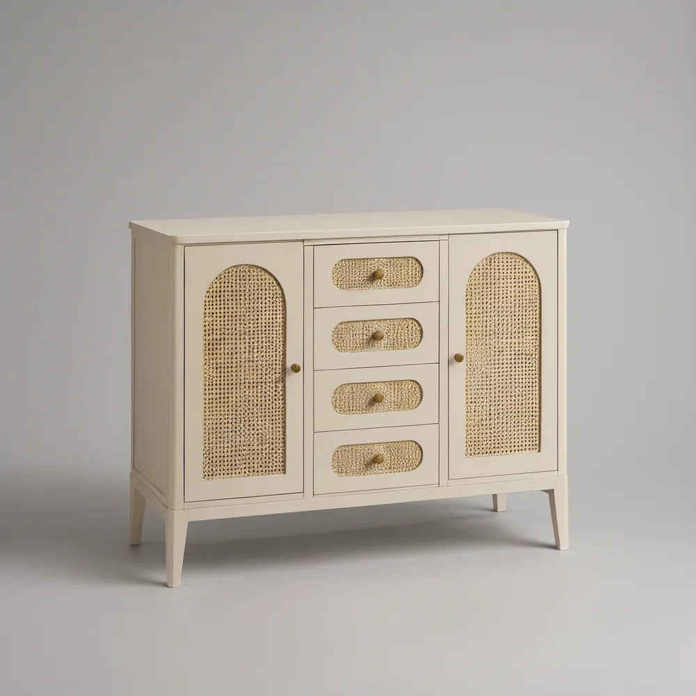 Kremowa komoda 120 x 40 x 90 cm z 2 drzwiczkami i 4 szufladami, MDF i rattan