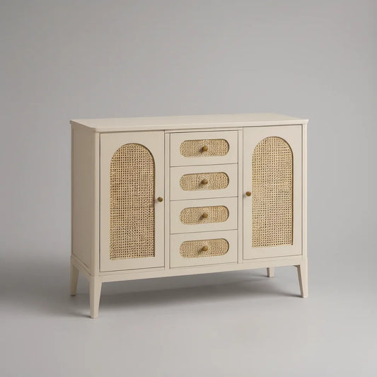 Kremowa komoda 120 x 40 x 90 cm z 2 drzwiczkami i 4 szufladami, MDF i rattan