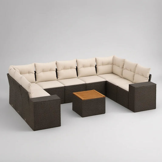 Modułowy zestaw ogrodowy w kształcie U dla 6 osób ze stolikiem 250 x 190 x 73 cm, technorattan PE, brązowo-kremowy