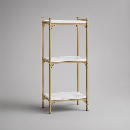Trzypoziomowy stojak ze stali i MDF, biały marmur/złoty, 60 x 35 x 120 cm
