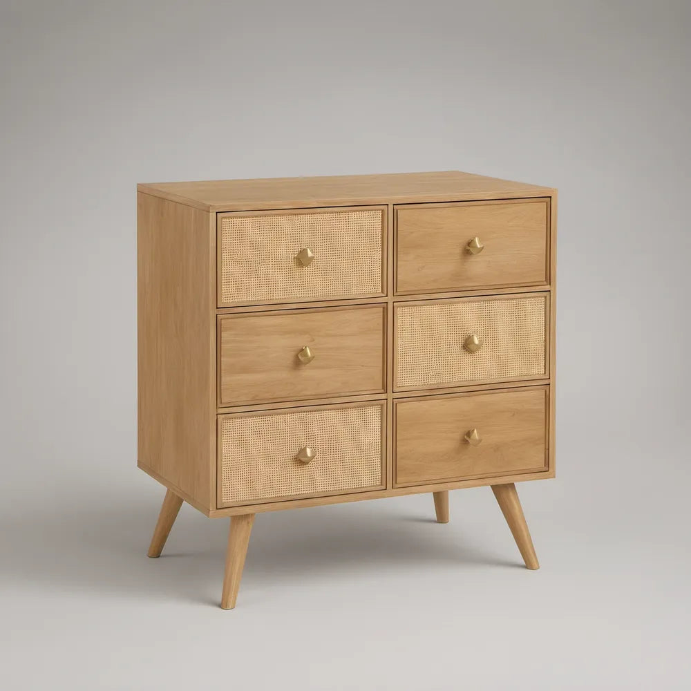 Komoda z 6 szufladami 80 x 40 x 85 cm, naturalny dąb, rattan i złote uchwyty
