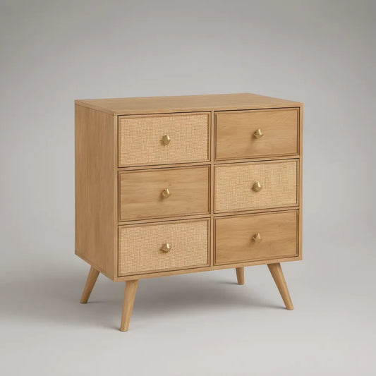 Komoda z 6 szufladami 80 x 40 x 85 cm, naturalny dąb, rattan i złote uchwyty