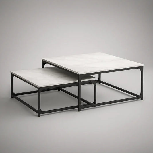 Zestaw 2 kwadratowych stolików 80 × 80 × 45 cm i 70 × 70 × 35 cm ze spieku ceramicznego i stali, biało-czarny