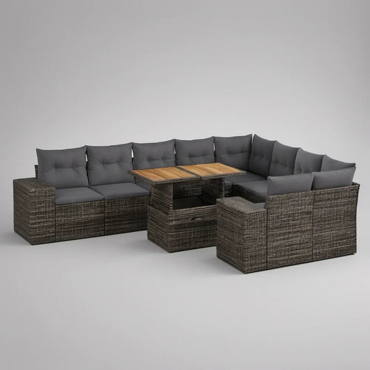 Ogrodowy komplet modułowy w kształcie U 250 × 200 × 85 cm, szaro-brązowy z ciemnoszarymi poduszkami i akacjowym blatem
