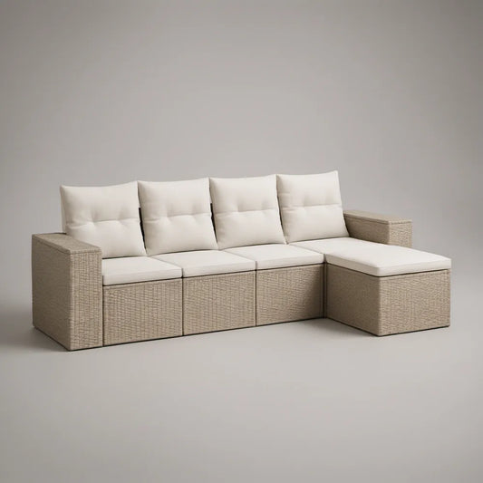 Beżowo-kremowa narożna sofa ogrodowa z technorattanu PE, prawostronny szezlong, 250 x 150 x 85 cm
