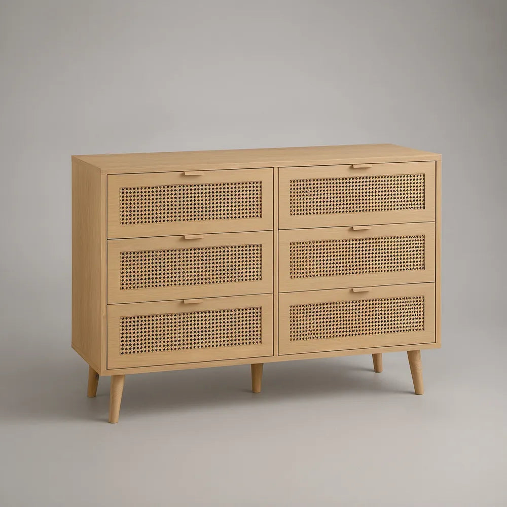 Komoda z 6 szufladami 120 x 40 x 80 cm, jasny dąb i naturalny rattan