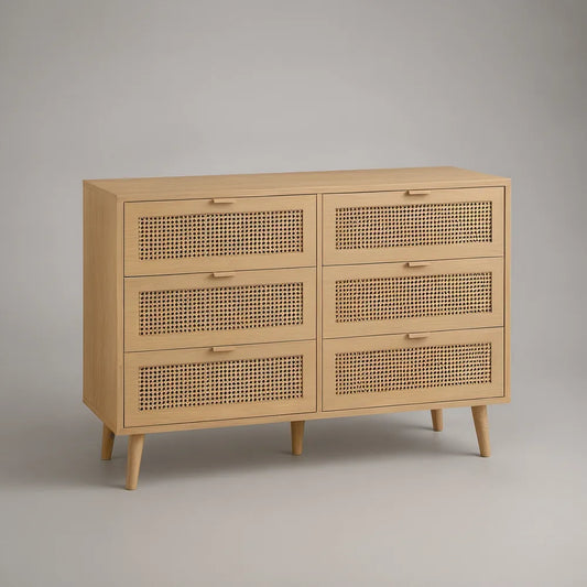 Komoda z 6 szufladami 120 x 40 x 80 cm, jasny dąb i naturalny rattan