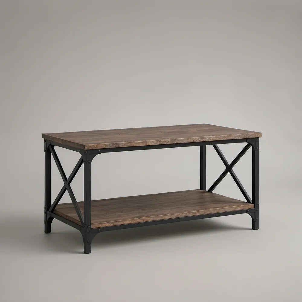 Prostokątny stolik kawowy 110 x 60 x 45 cm z dolną półką, ciemny dąb i czarna stal