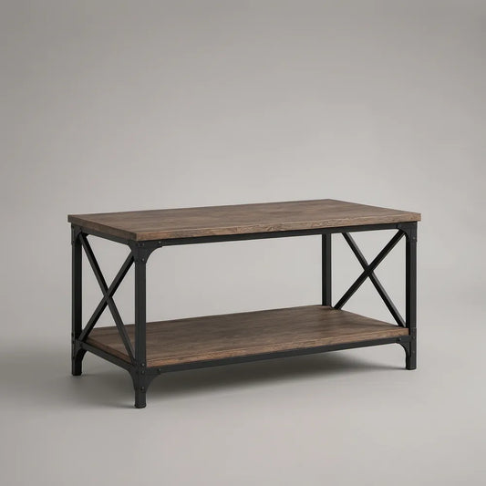 Prostokątny stolik kawowy 110 x 60 x 45 cm z dolną półką, ciemny dąb i czarna stal